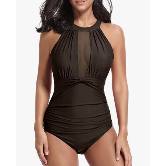 Tempt Me High Neck Mesh Plunge Ruched Swimsuit M - Picture 2 of 6
